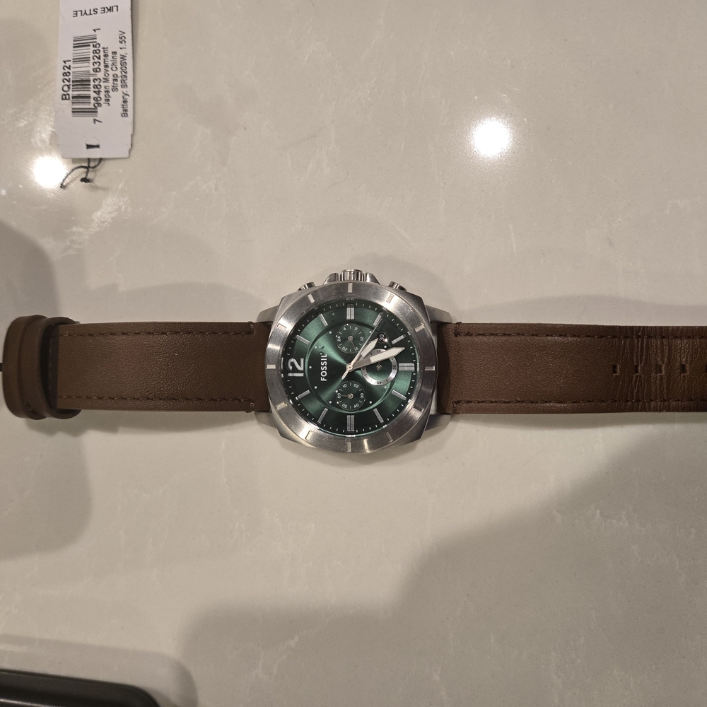 Fossil Green Dial Brown Leather Watch